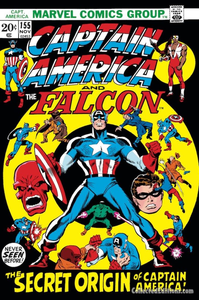 Captain America #155 cover; pencils, Sal Buscema; inks, Jim Mooney; The Secret origin of Captain America, Red Skull, Bucky, Falcon