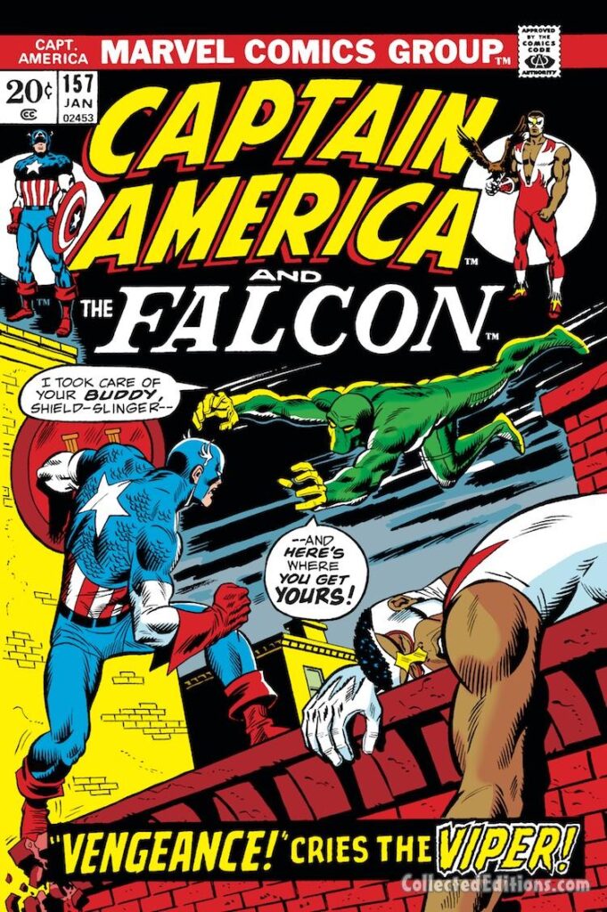 Captain America #157 cover; pencils, Sal Buscema; inks, John Verpoorten; the Viper, Falcon