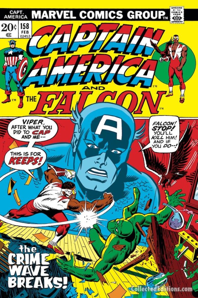 Captain America #158 cover; pencils, Sal Buscema; inks, Frank Giacoia; The Crime Wave Breaks, Falcon, Viper
