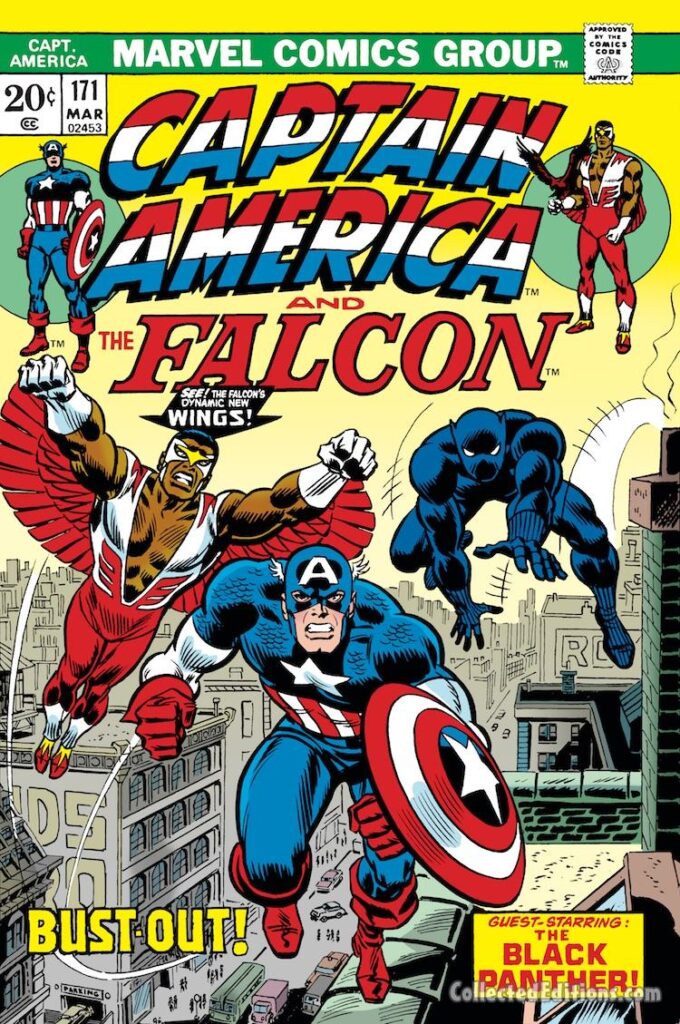 Captain America #171 cover; pencils, John Romita Sr.; inks, Tony Mortellaro, John Romita Sr.; Falcon, Black Panther