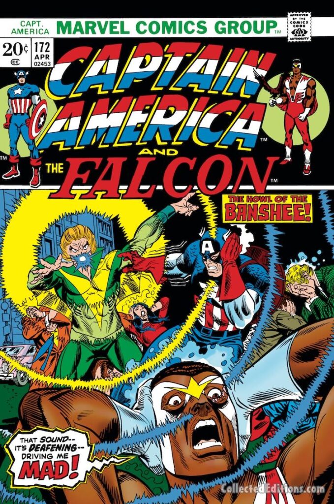Captain America #172 cover; layouts, John Romita Sr.; pencils, Gil Kane; inks, Frank Giacoia; the Howl of the Banshee, Falcon