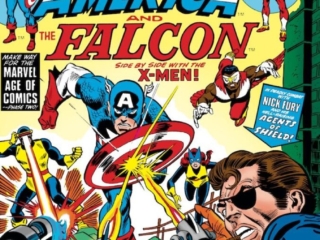 Captain America #173 cover; layouts, John Romita Sr.; pencils, Gil Kane; inks, Frank Giacoia; Falcon, Side by Side with the X-Men, Cyclops, jean Grey, Marvel Girl, Nick Fury