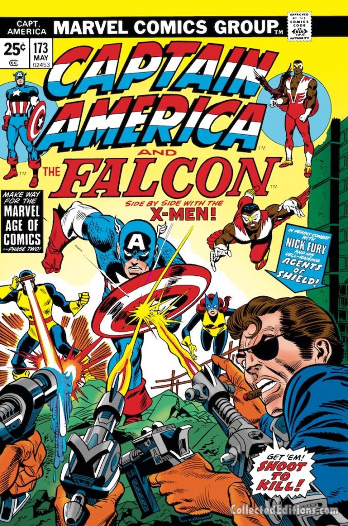 Captain America #173 cover; layouts, John Romita Sr.; pencils, Gil Kane; inks, Frank Giacoia; Falcon, Side by Side with the X-Men, Cyclops, jean Grey, Marvel Girl, Nick Fury