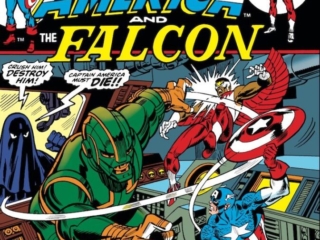 Captain America #174 cover; layouts, John Romita Sr.; pencils, Gil Kane; inks, Frank Giacoia; Showdown with the Secret Empire, Falcon