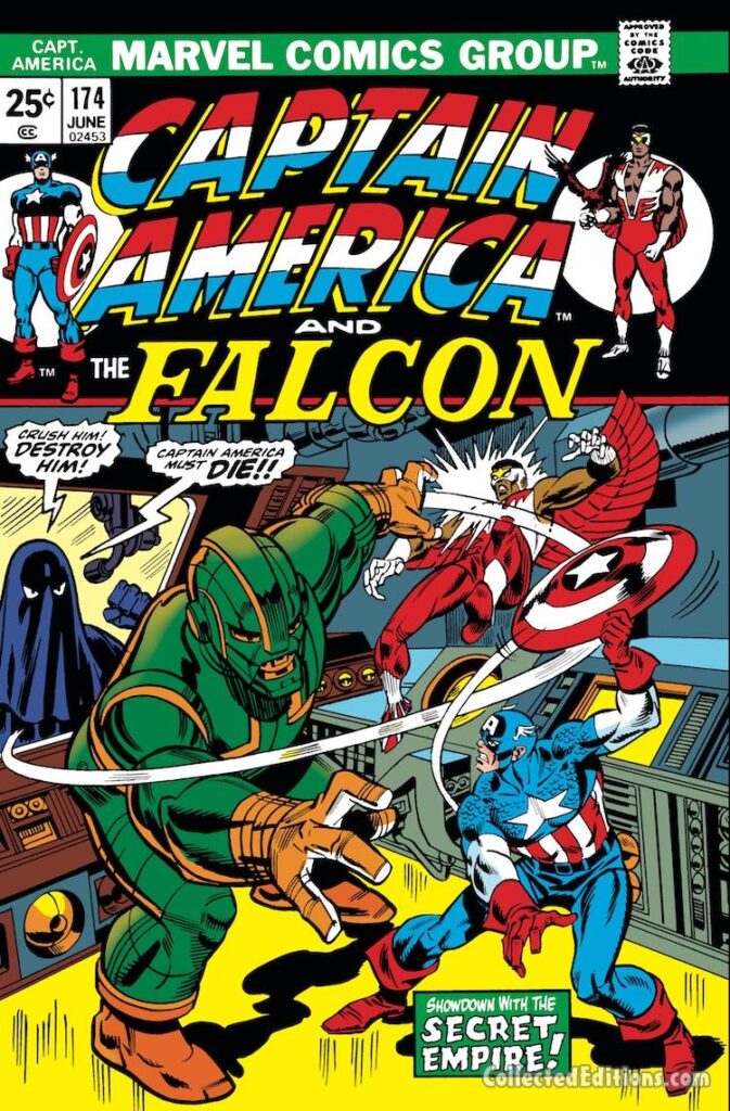 Captain America #174 cover; layouts, John Romita Sr.; pencils, Gil Kane; inks, Frank Giacoia; Showdown with the Secret Empire, Falcon