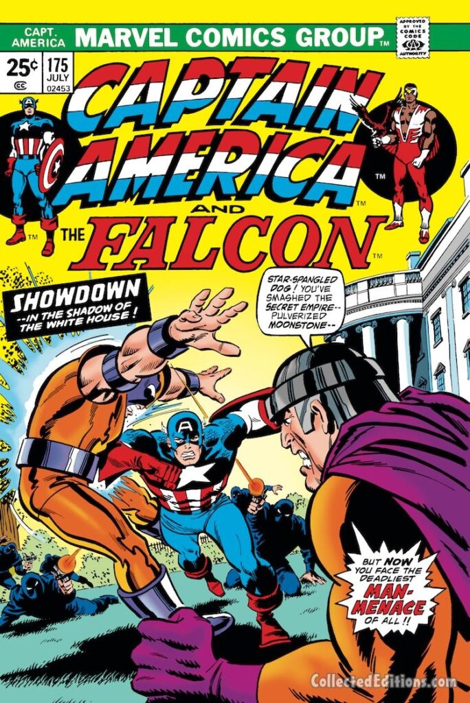 Captain America #175 cover; layouts, John Romita Sr.; pencils and inks, Sal Buscema, Showdown in the Shadow of the White House, Richard Nixon, Secret Empire