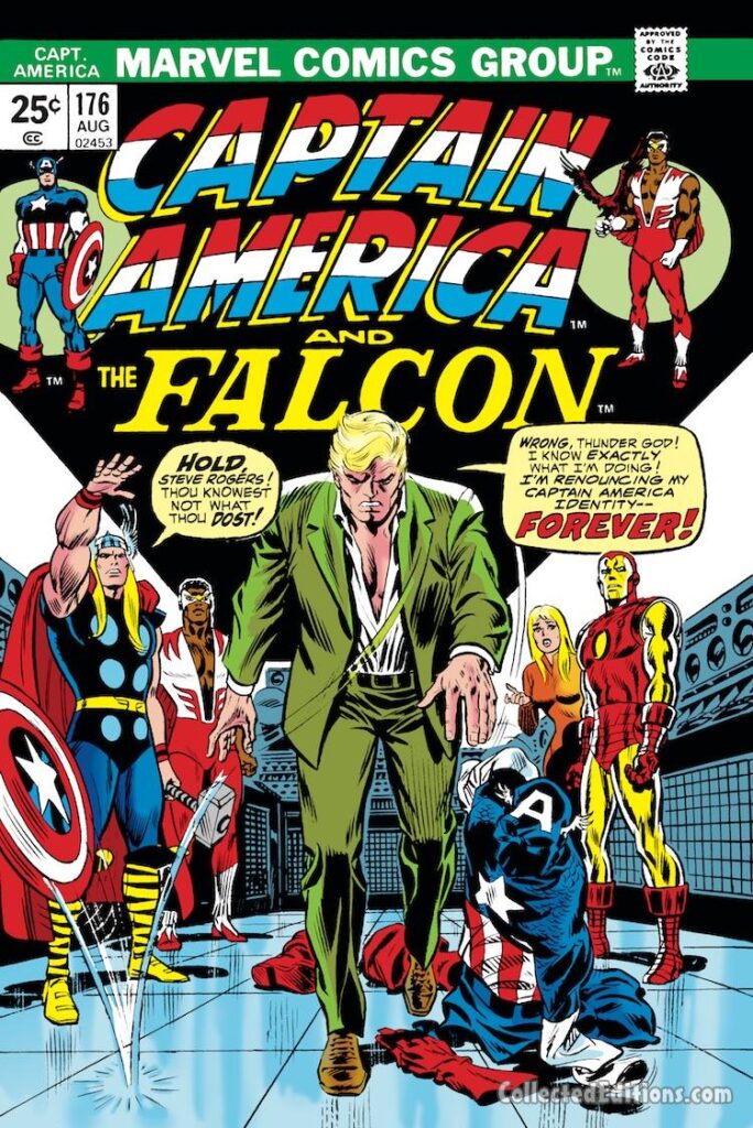 Captain America #176 cover; pencils and inks, John Romita Sr.; Steve Rogers, Nomad, renounces uniform, Captain America No More, Thor, Iron Man, Falcon, Sharon Carter