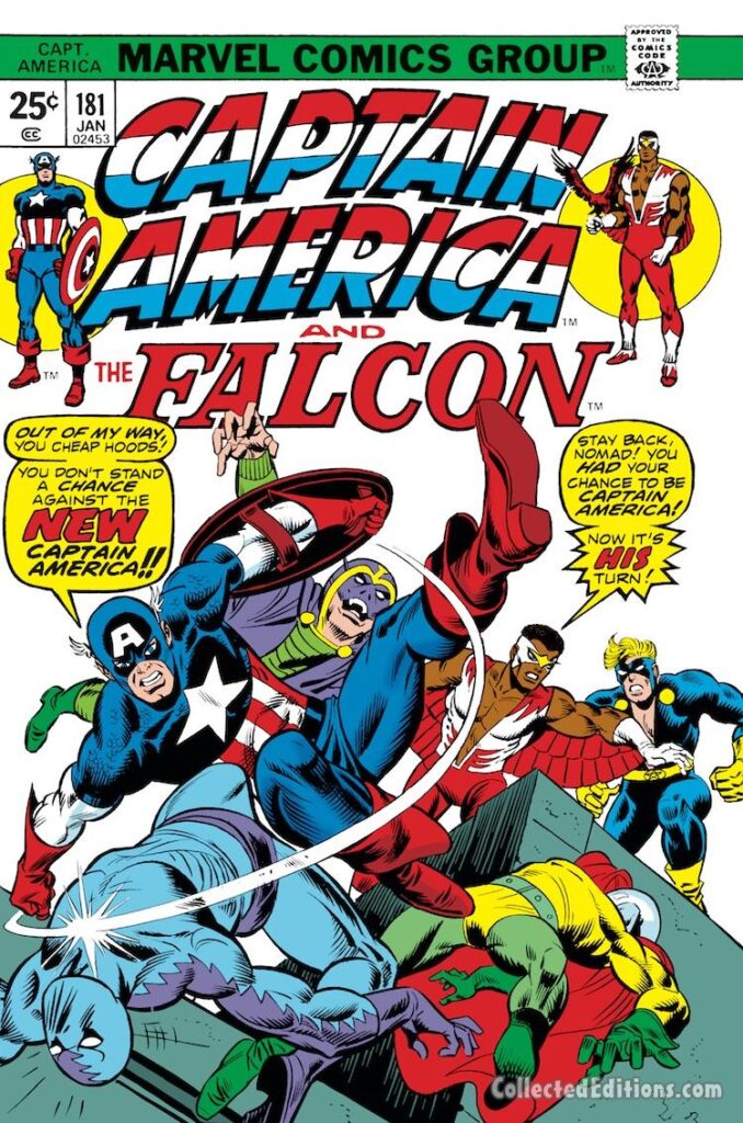 Captain America #181 cover; pencils, Gil Kane; inks, Joe Sinnott; alterations, Frank Giacoia, John Romita Sr.; Falcon, Nomad, Human Cobra