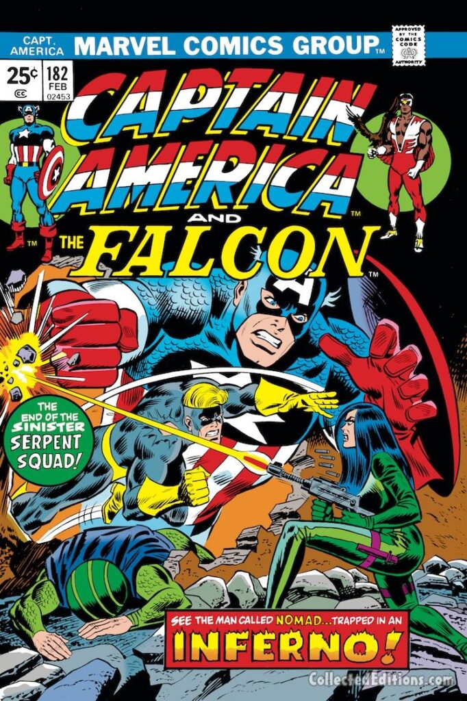 Captain America #182 cover; pencils, Ron Wilson; inks, Frank Giacoia; alterations, John Romita Sr.; Inferno, Sinister Serpent Squad, Madame Hydra, Cobra