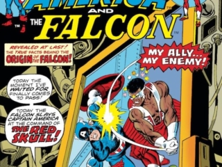 Captain America #186 cover; pencils, Gil Kane; inks, Joe Sinnott; alterations, John Romita Sr.; Falcon, Red Skull, My Ally My Enemy