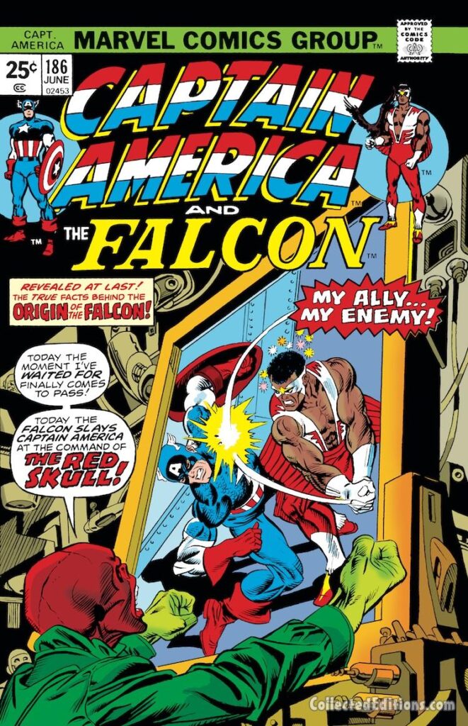 Captain America #186 cover; pencils, Gil Kane; inks, Joe Sinnott; alterations, John Romita Sr.; Falcon, Red Skull, My Ally My Enemy