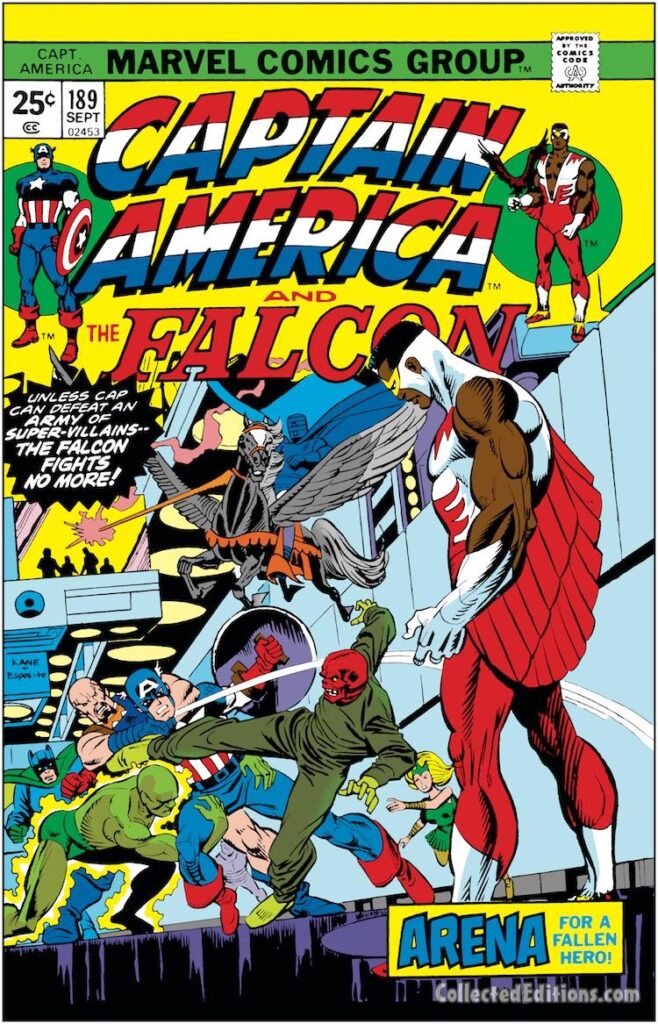 Captain America #189 cover; pencils, Gil Kane; inks, Mike Esposito; REd Skull, Black Knight, Falcon