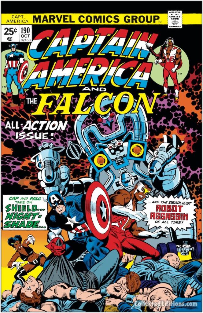 Captain America #190 cover; pencils, Gil Kane; inks, Joe Sinnott; Night-Shade, Falcon, Robot Assassin