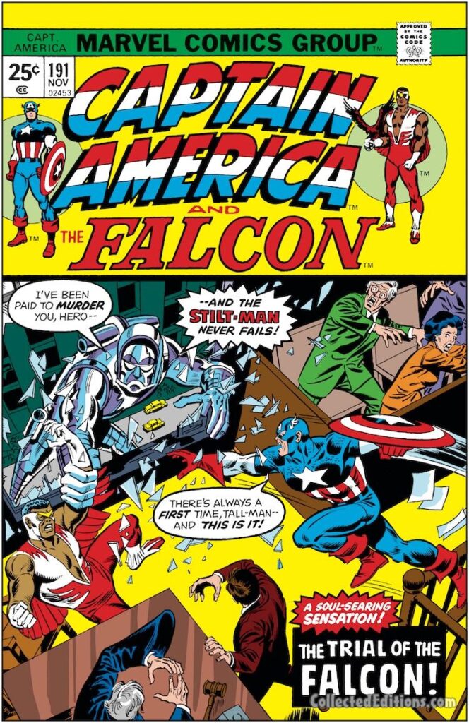 Captain America #191 cover; pencils, Sal Buscema; inks, Frank Giacoia; Falcon, Stilt-Man, The Trial of the Falcon