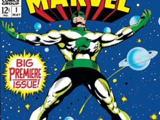 Captain Marvel #1 cover; pencils, Gene Colan; inks, Vince Colletta; Out of the Holocaust, a Hero; Mar-Vell, Big Premiere Issue, Stan Lee, Roy Thomas, green costume