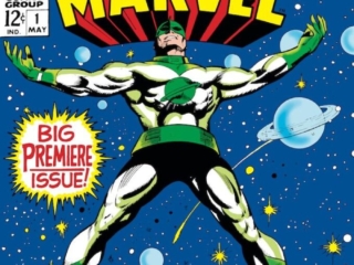 Captain Marvel #1 cover; pencils, Gene Colan; inks, Vince Colletta; Marvel's Space-Born Super-Hero Captain Mar-Vell, Out of the Holocaust A Hero, Big Premiere Issue, First issue