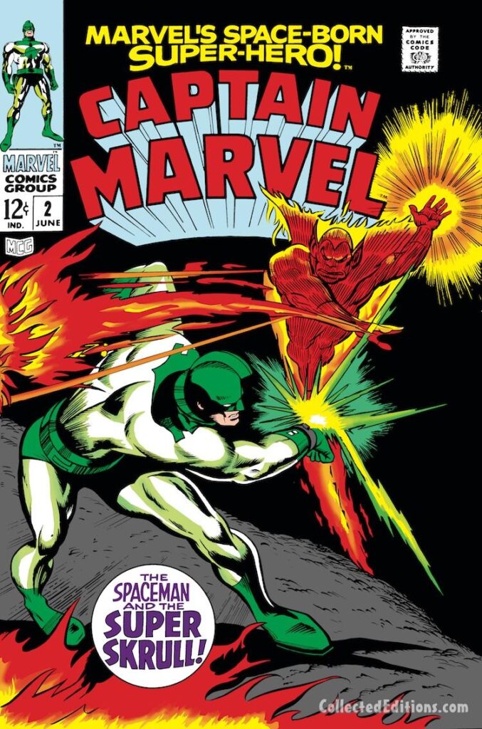 Captain Marvel #2 cover; pencils, Gene Colan; inks, Vince Colletta; Super-Skrull, Marvel's Space-born Super-Hero, Mar-Vell