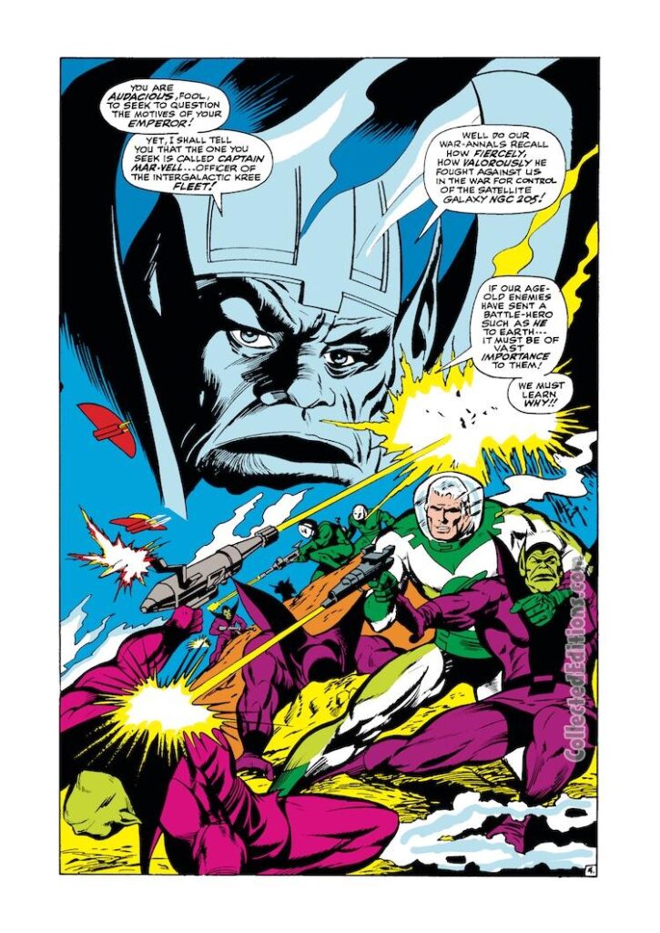 Captain Marvel #2, pg. 4; pencils, Gene Colan; inks, Vince Colletta; Emperor Dorrek, Skrull, Kree warrior, Mar-Vell