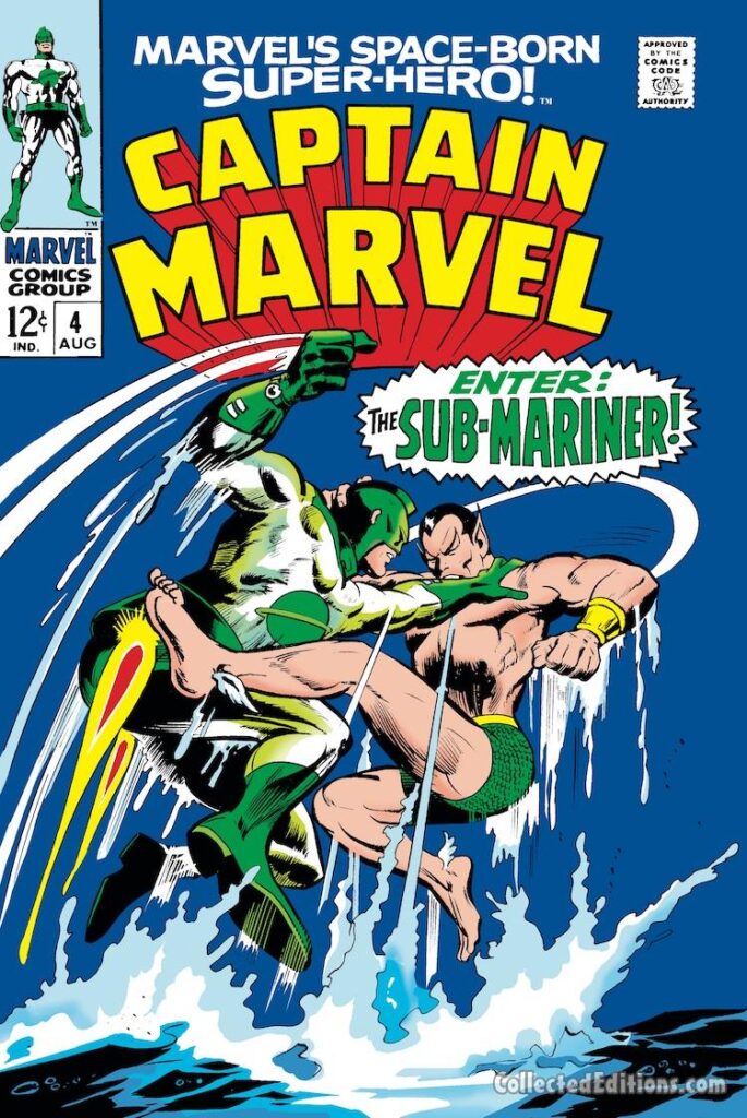 Captain Marvel #4 cover; pencils, Gene Colan; inks, Vince Colletta; Enter the Sub-Mariner, Mar-Vell, Kree, green costume