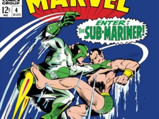 Captain Marvel #4 cover; pencils, Gene Colan; inks, Vince Colletta; Marvel's Space-Born Super-Hero, Mar-Vell, Enter: The Sub-Mariner, Namor, Kree warrior, green costume