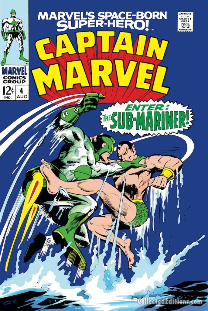 Captain Marvel #4 cover; pencils, Gene Colan; inks, Vince Colletta; Marvel's Space-Born Super-Hero, Mar-Vell, Enter: The Sub-Mariner, Namor, Kree warrior, green costume