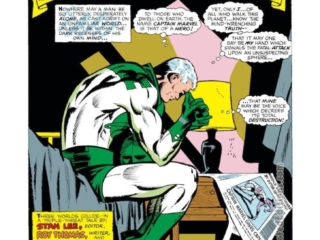 Captain Marvel #4, pg. 1; pencils, Gene Colan; inks, Vince Colletta; The Alien and the Amphibian, Mar-Vell, Walter Lawson, alter ego, secret identity, Roy Thomas, splash page