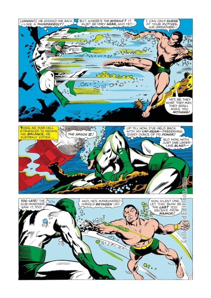 Captain Marvel #4, pg. 17; pencils, Gene Colan; inks, Vince Colletta; Mar-Vell, Namor the Sub-Mariner