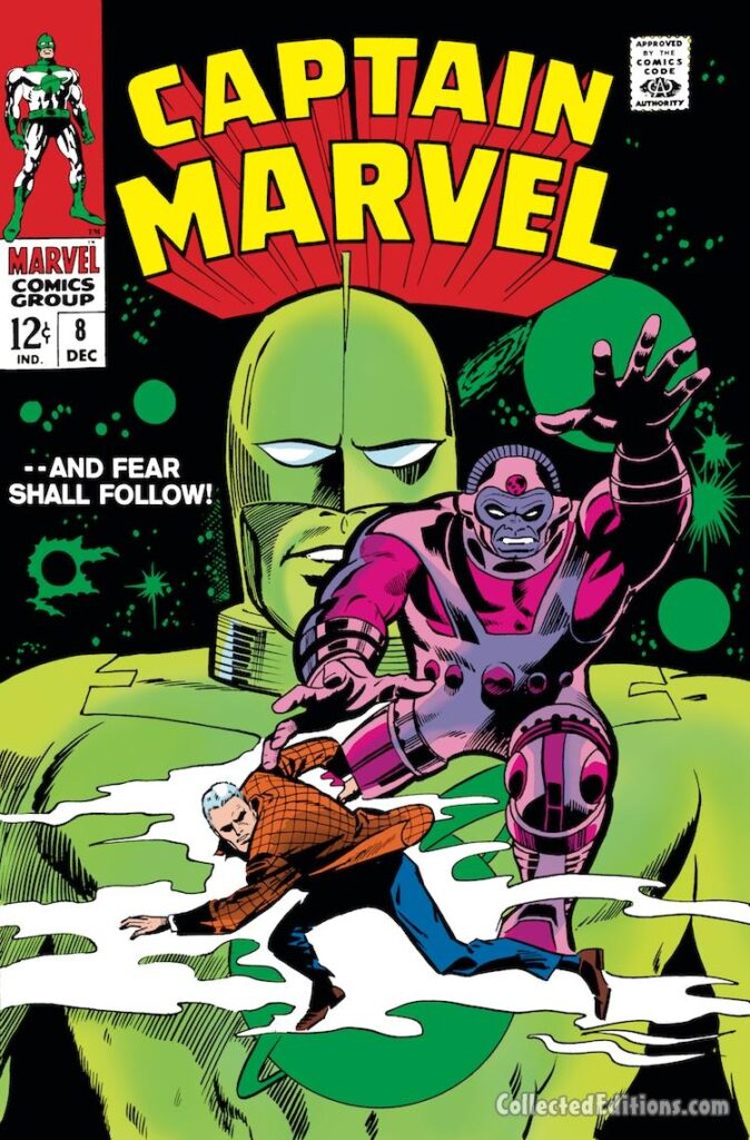 Captain Marvel #8 cover; pencils, Gene Colan; inks, Vince Colletta; Mar-Vell, And Fear Shall Follow, Walter Lawson, alter ego, Cyberex