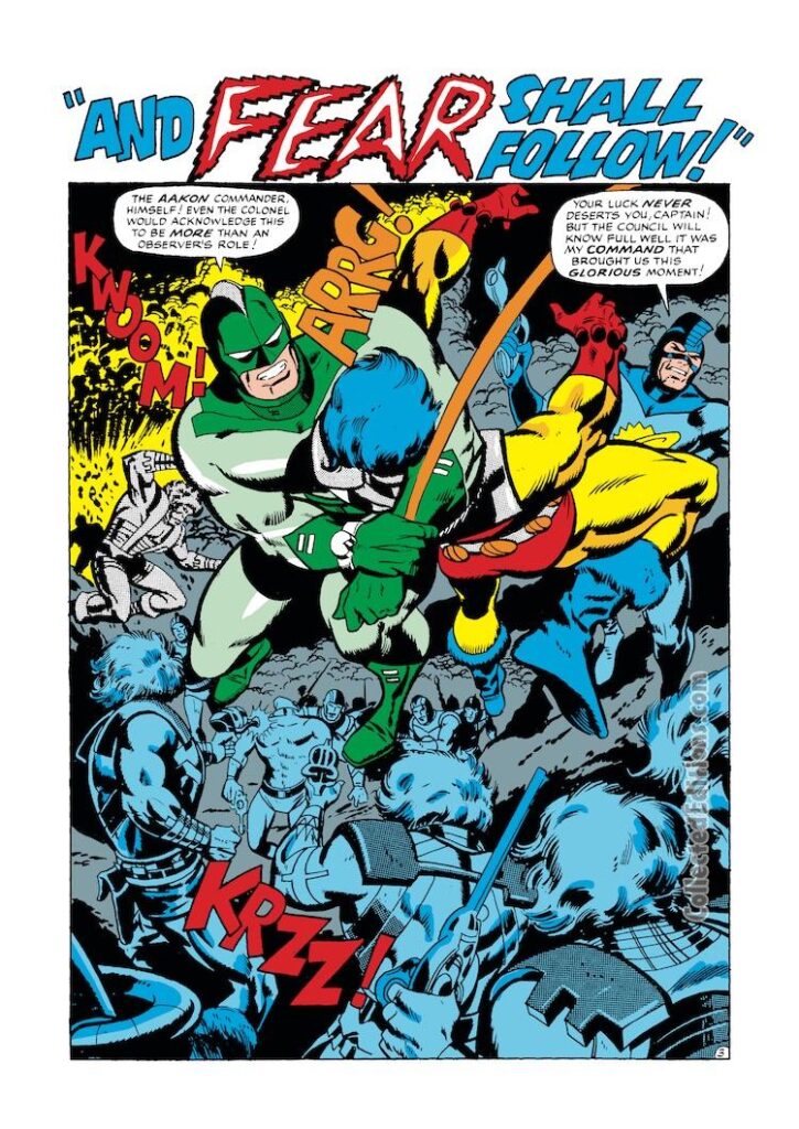 Captain Marvel #8, pg. 3; pencils, Don Heck; inks, Vince Colletta; "And Fear Shall Follow", the Aakon, Kree warrior Mar-Vell