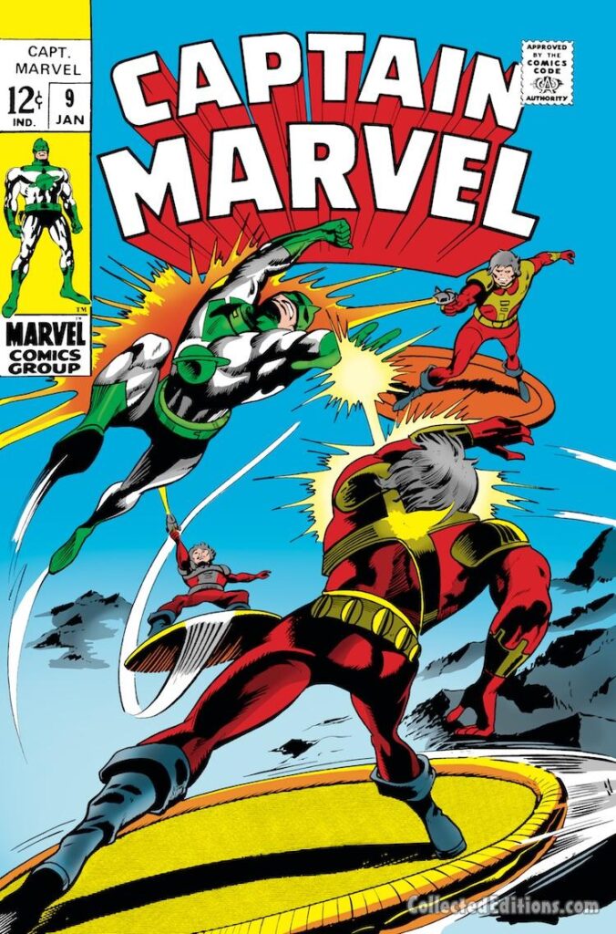 Captain Marvel #9 cover; pencils, Gene Colan; inks, Vince Colletta; Mar-Vell, Kree warrior, the Aakon