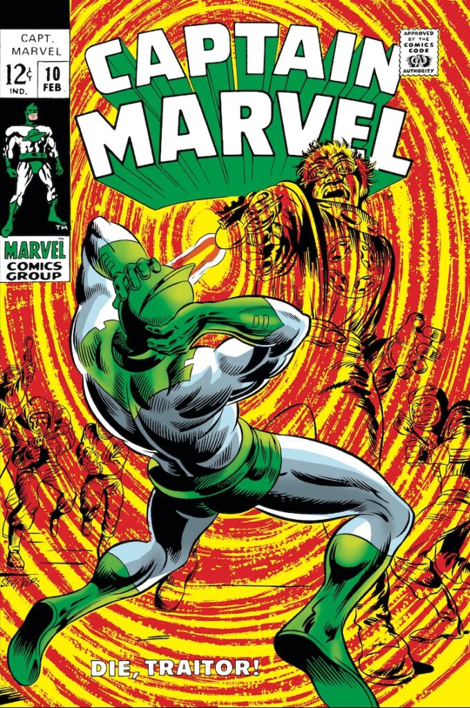 Captain Marvel #10 cover; pencils, Marie Severin; inks, John Verpoorten; Number One, Mar-Vell, Kree green costume, Die Traitor