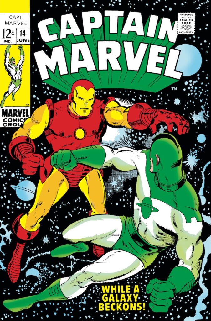 Captain Marvel #14 cover; pencils, Frank Springer; inks, Vince Colletta; alterations, John Romita Sr.; While a Galaxy Beckons, Iron Man, Mar-Vell