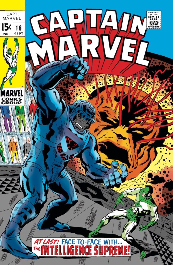 Captain Marvel #16 cover; pencils, Don Heck; inks, Syd Shores; Supreme Intelligence, Sentry, Kree, Mar-Vell, last appearance of old green costume