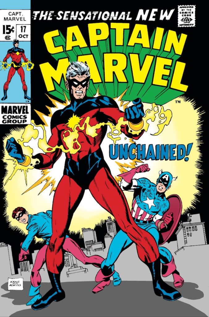 Captain Marvel #17 cover; pencils, Gil Kane; inks, Dan Adkins; Unchained, Mar-Vell, first appearance, new black and red and gold starburst costume, Nega-Bands, Rick Jones/Bucky Barnes, Captain America