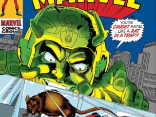 Captain Marvel #19 cover; pencils, Gil Kane; inks, Dan Adkins; The Mad master of the Murder Maze, a rat in a trap, Mar-Vell