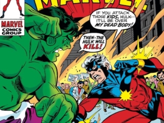 Captain Marvel #21 cover; pencils, Gil Kane; inks, Dan Adkins; Incredible Hulk vs. Mar-Vell, The Hulk Invades Campus, Vietnam protests, stop the war, Marvel