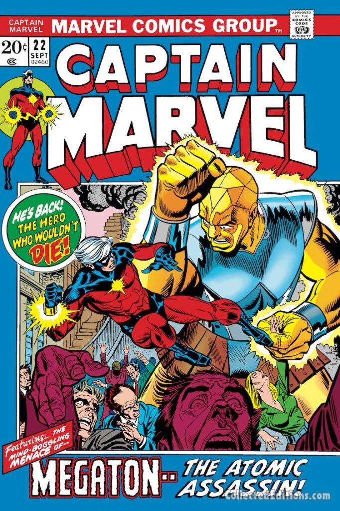 Captain Marvel #22 cover; pencils, Gil Kane; inks, Frank Giacoia; Megaton the Atomic Assassin, Mar-Vell