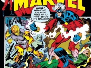 Captain Marvel #23 cover; pencils, Gil Kane; inks, Joe Sinnott; Megaton, Beware the Living H-Bomb, Lou-Ann Savannah, Rick Jones, Mar-vell