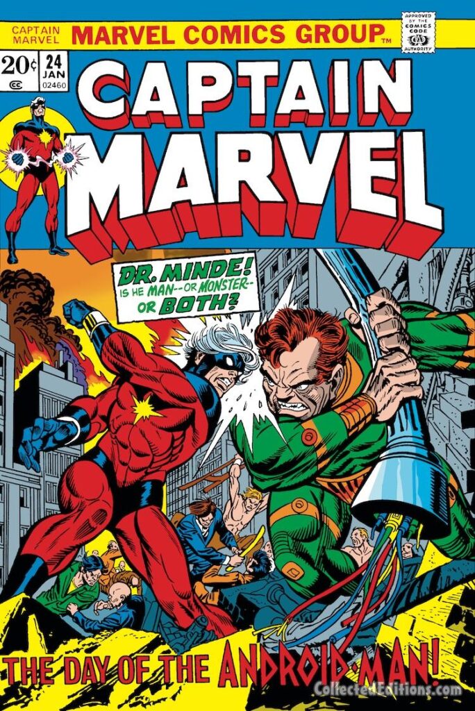 Captain Marvel #24 cover; pencils, Gil Kane; inks, Frank Giacoia; Dr. Minde, The Day of the Android Man, Mar-Vell