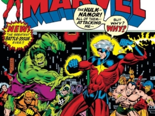 Captain Marvel #25 cover; pencils, Jim Starlin; inks, Joe Sinnott; Incredible Hulk, Mar-Vell, Rick Jones, Ronan the Accuser, Namor the Sub-Mariner, Every Hand Against Him