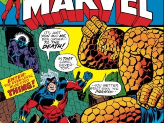 Captain Marvel #26 cover; pencils, Jim Starlin; inks, Frank Giacoia; Thing, Mar-Vell