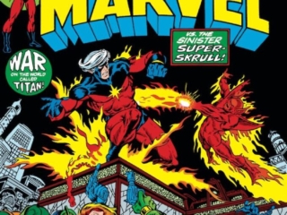 Captain Marvel #27 cover; pencils, Jim Starlin; inks, uncredited; Super-Skrull, Mar-Vell, Starfox, Mentor, War on the World Called Titan