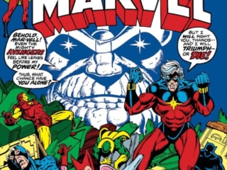 Captain Marvel #28 cover; pencils, Jim Starlin; inks, Pablo Marcos; Thanos, Avengers, Mar-Vell, Mad Menace of Titan