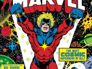 Captain Marvel #29 cover; pencils, Jim Starlin; inks, Al Milgrom; alterations, John Romita Sr.; The Most Cosmic Superhero of All, Metamorphosis, Power Cosmic, Mar-Vell