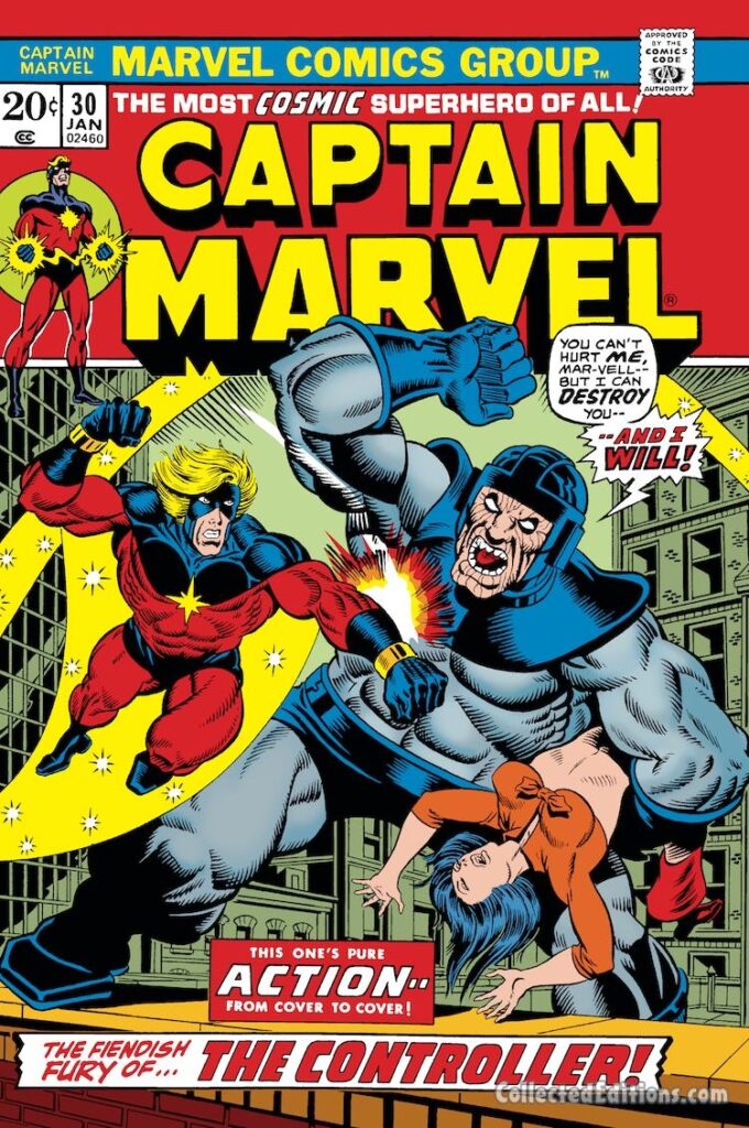 Captain Marvel #30 cover; pencils, Jim Starlin; inks, Al Milgrom; Mar-Vell, the Controller