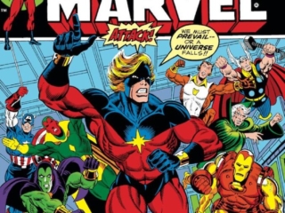 Captain Marvel #31 cover; pencils, Jim Starlin; inks, Al Milgrom; alterations, John Romita Sr.; Mar-Vell, Iron Man, Thor, Starfox, Drax the Destroyer, Vision, Captain America, Black Panther