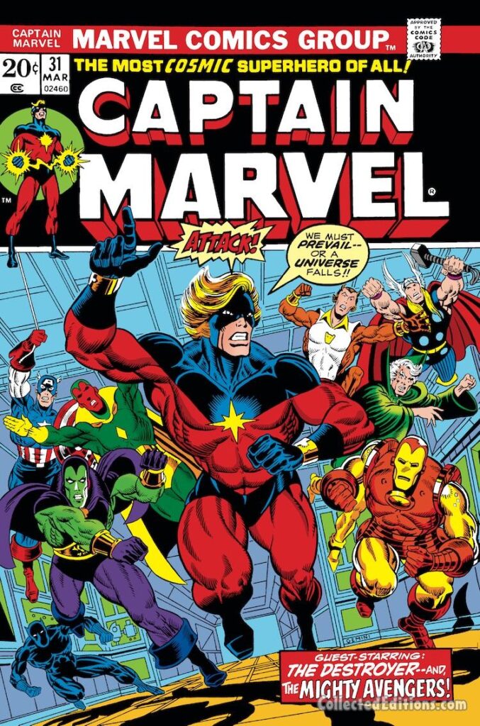 Captain Marvel #31 cover; pencils, Jim Starlin; inks, Al Milgrom; alterations, John Romita Sr.; Mar-Vell, Iron Man, Thor, Starfox, Drax the Destroyer, Vision, Captain America, Black Panther