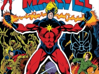 Captain Marvel #32 cover; pencils, Jim Starlin; inks, Klaus Janson; Mar-Vell, Thanos, Rick Jones, Drax the Destroyer