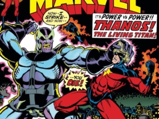 Captain Marvel #33 cover; pencils and inks, Jim Starlin; Thanos the Living Titan, Mar-Vell