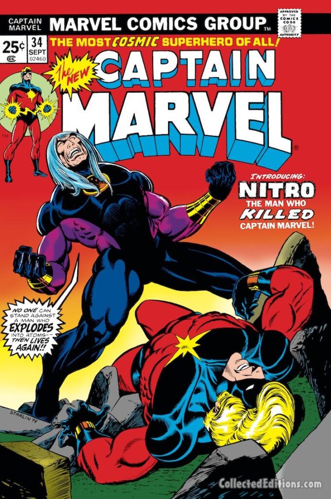 Captain Marvel #34 cover; pencils and inks, Jim Starlin; Nitro, introduction, first appearance, the man who killed Mar-Vell